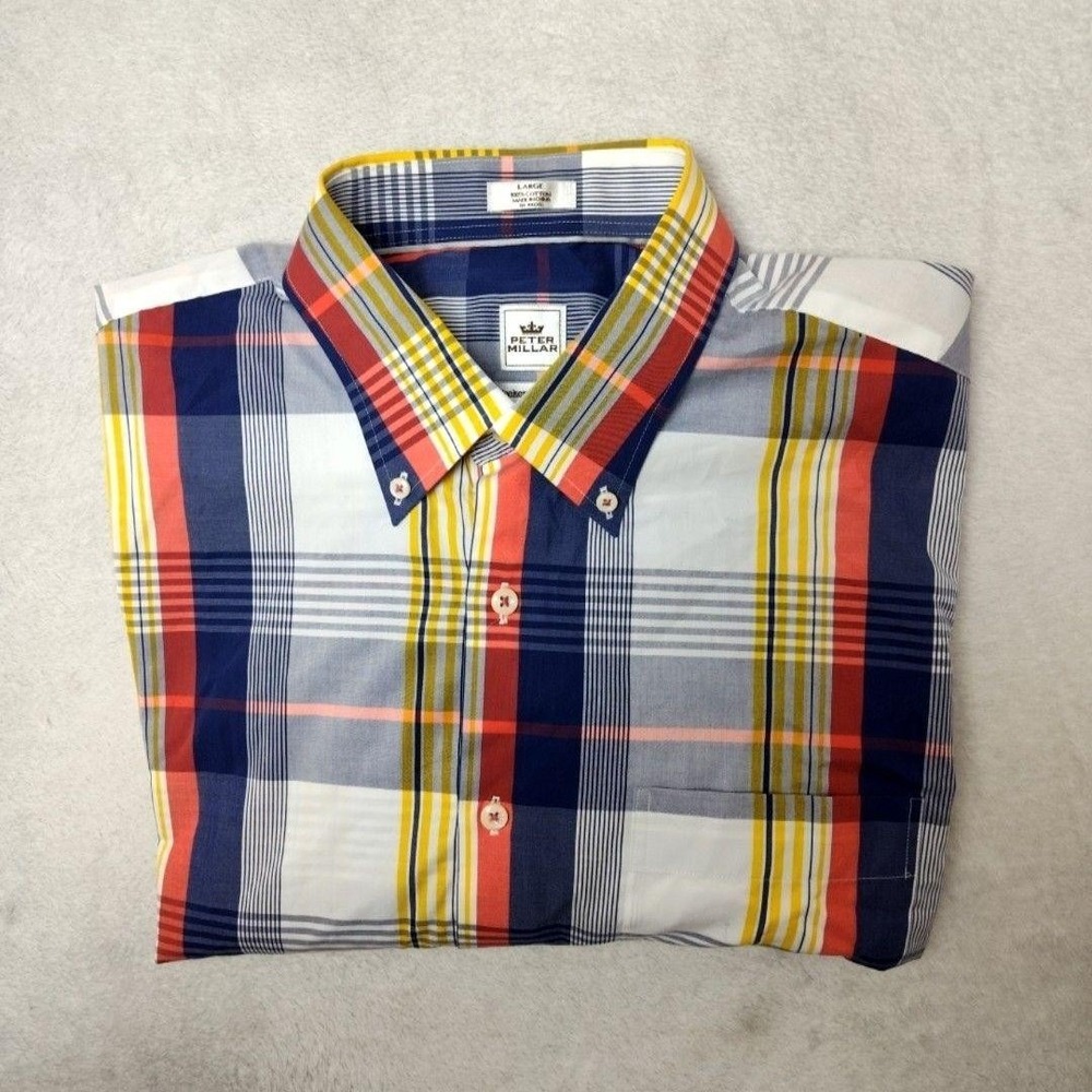 Peter Millar Shirt Mens L Blue Madras Plaid Button-Up Cotton Wrinkle Resistant